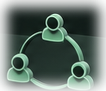 Three figures joined by a looping line, forming a small team.