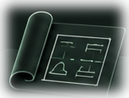A rolled architectural drawing lying open on a surface.
